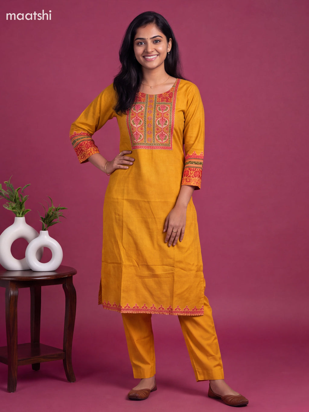 Yellow Art Tussar Printed & Embroidery Work Straight Suit