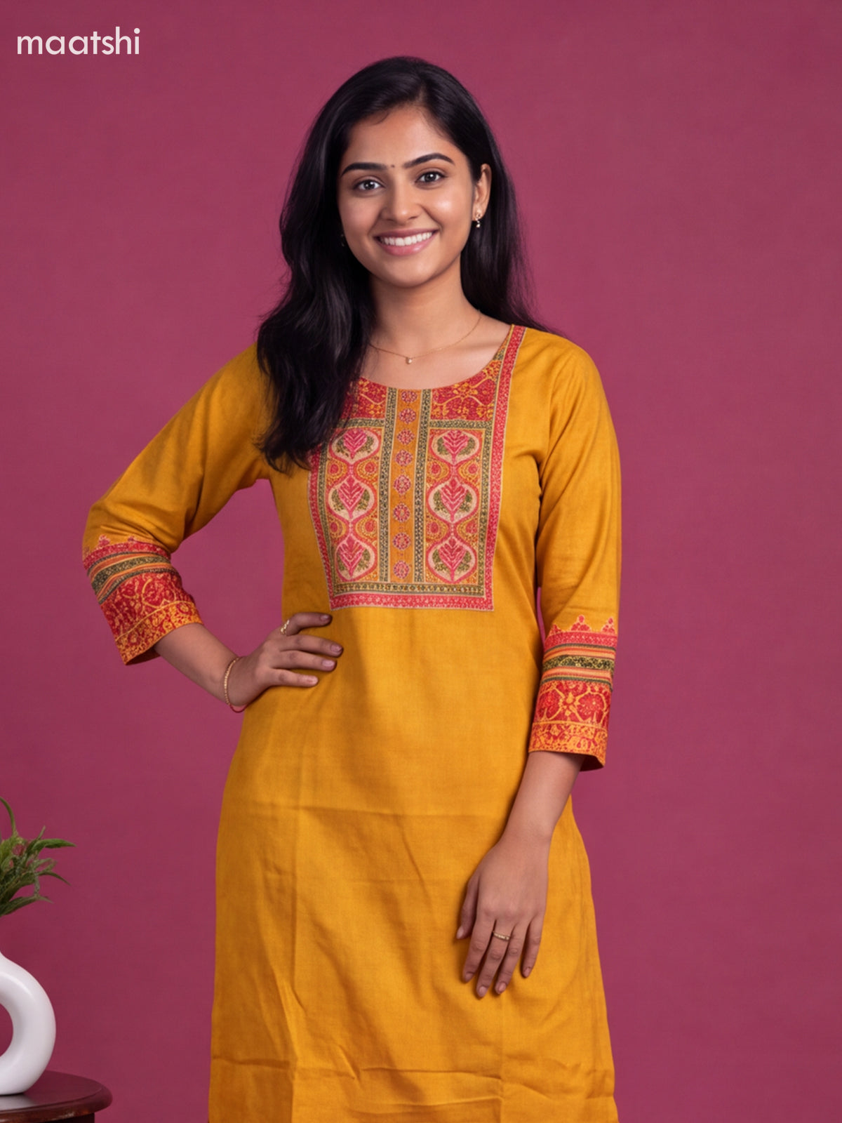 Yellow Art Tussar Printed & Embroidery Work Straight Suit