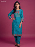 Teal Blue Art Tussar Printed & Embroidery Work Straight Suit