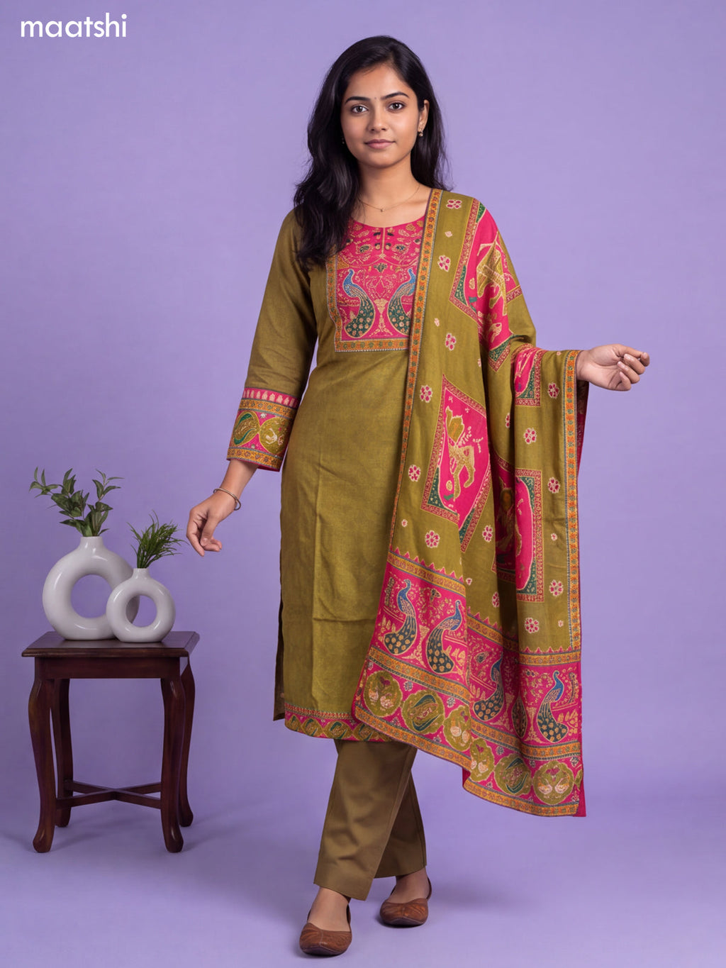 Mehendi Green Art Tussar Printed & Embroidery Work Straight Suit