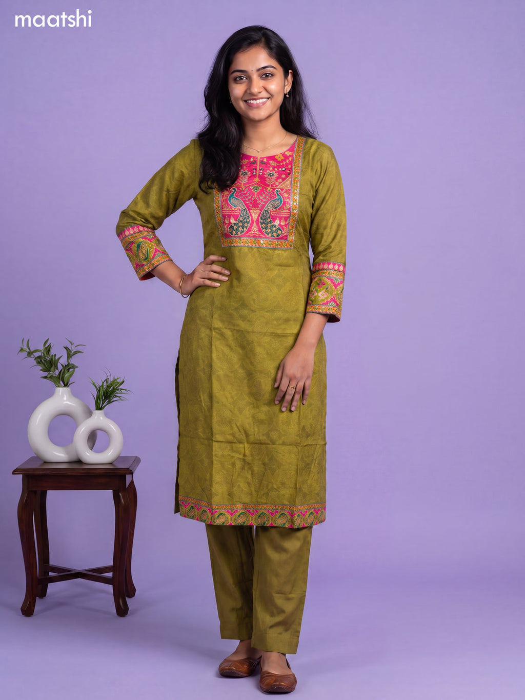 Mehendi Green Art Tussar Printed & Embroidery Work Straight Suit
