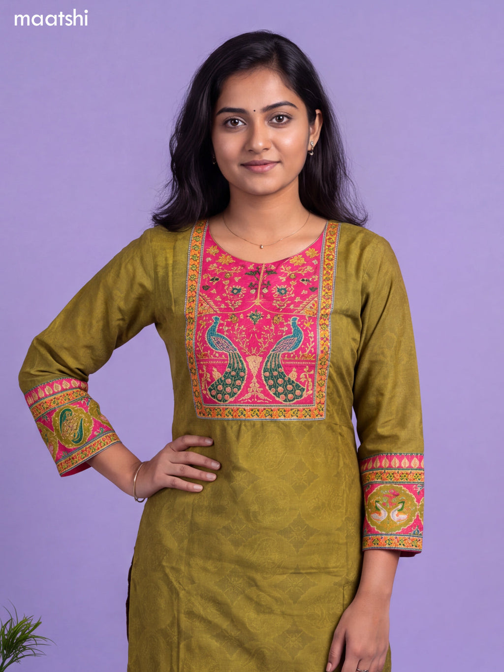 Mehendi Green Art Tussar Printed & Embroidery Work Straight Suit