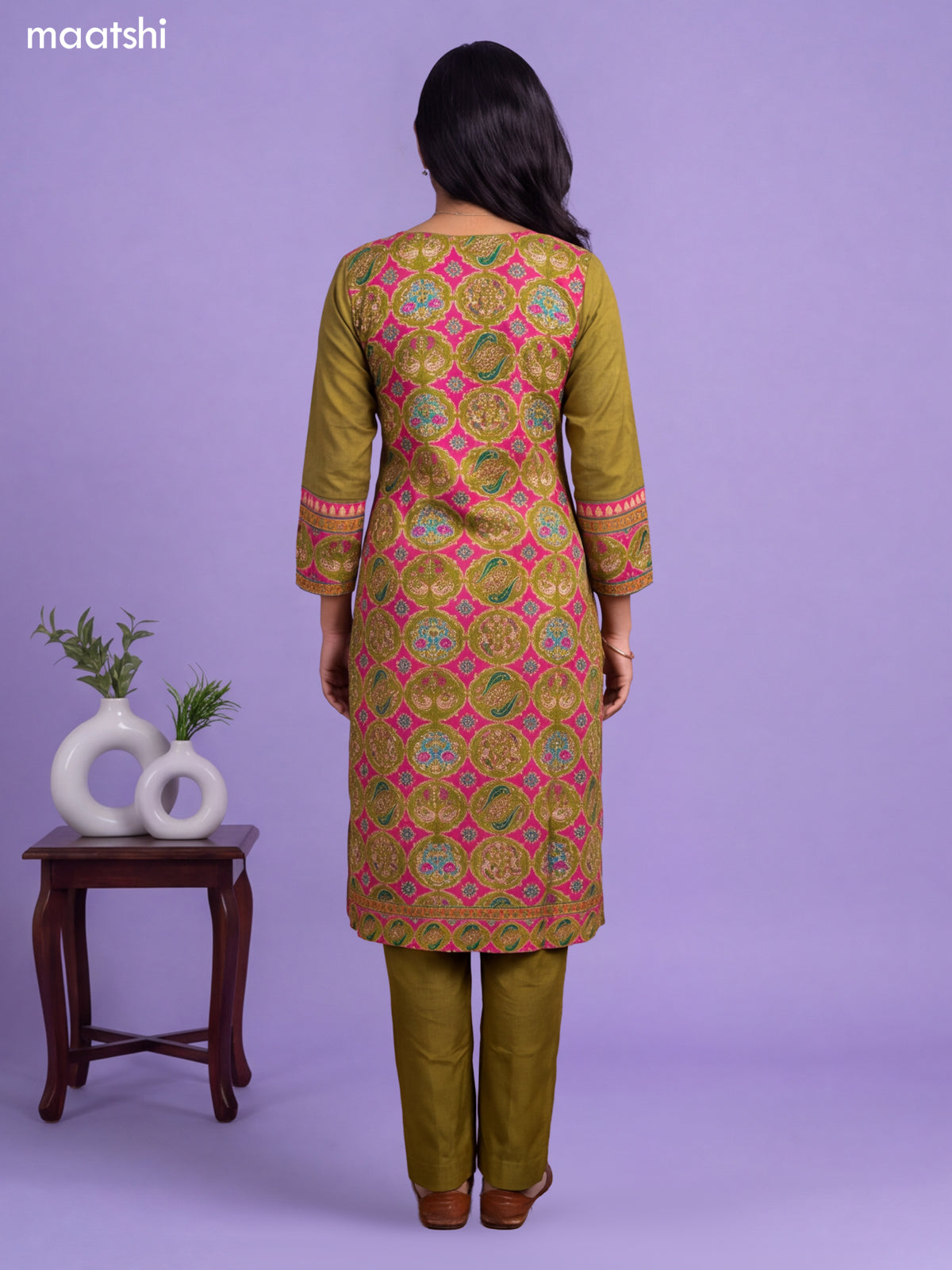 Mehendi Green Art Tussar Printed & Embroidery Work Straight Suit