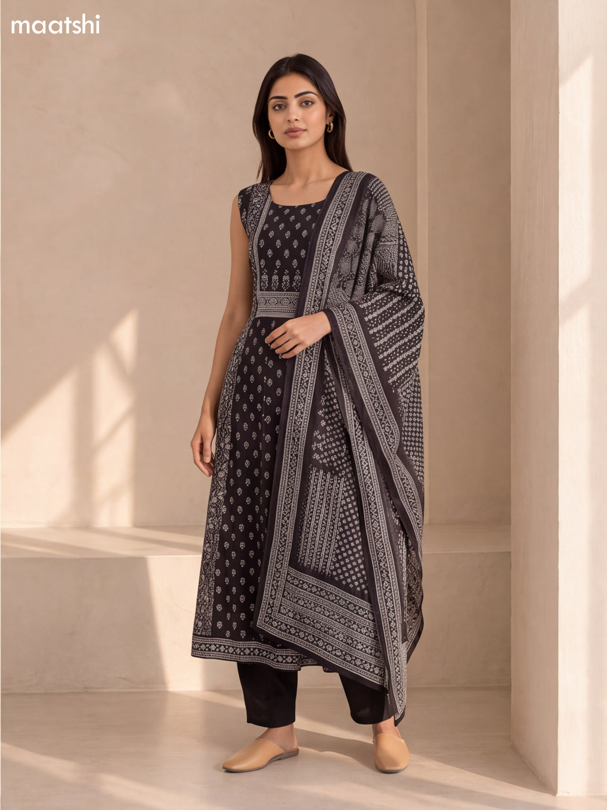 Black and Pastel Green Crepe Silk Printed & Embroidery Work Anarkali Suit