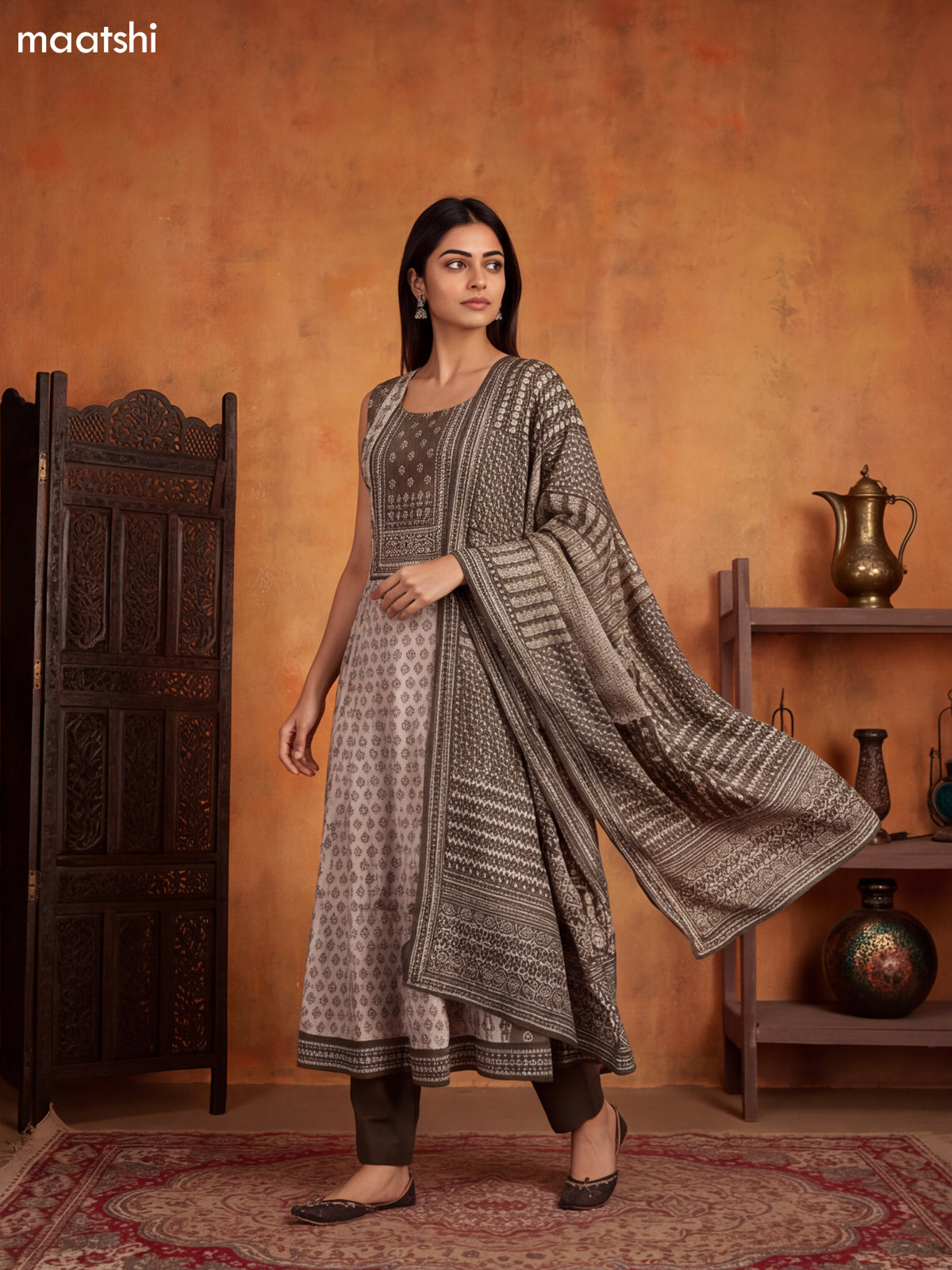 Mehendi Green and Biege Crepe Silk Printed & Embroidery Work Anarkali Suit