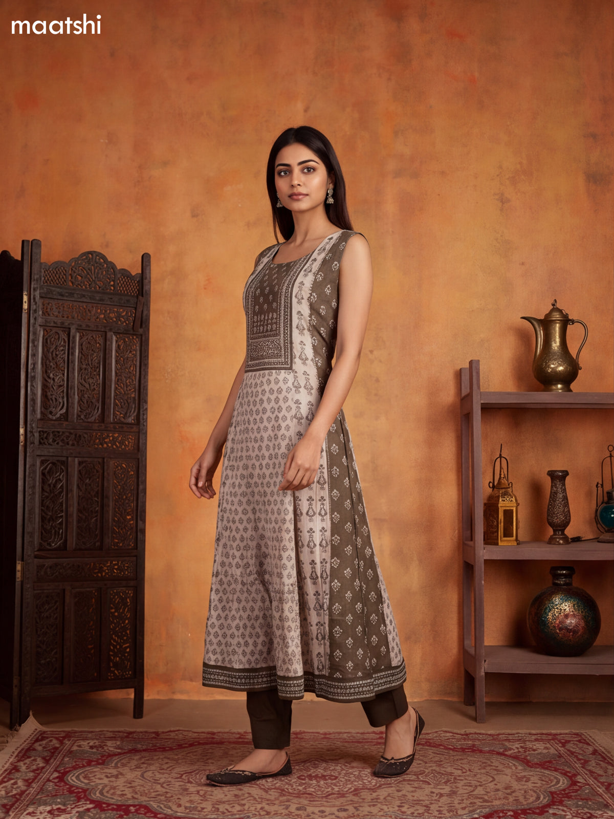 Mehendi Green and Biege Crepe Silk Printed & Embroidery Work Anarkali Suit