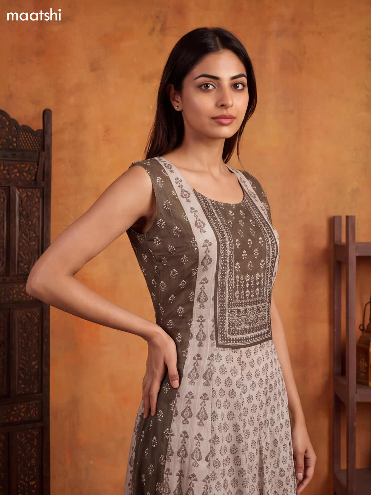 Mehendi Green and Biege Crepe Silk Printed & Embroidery Work Anarkali Suit
