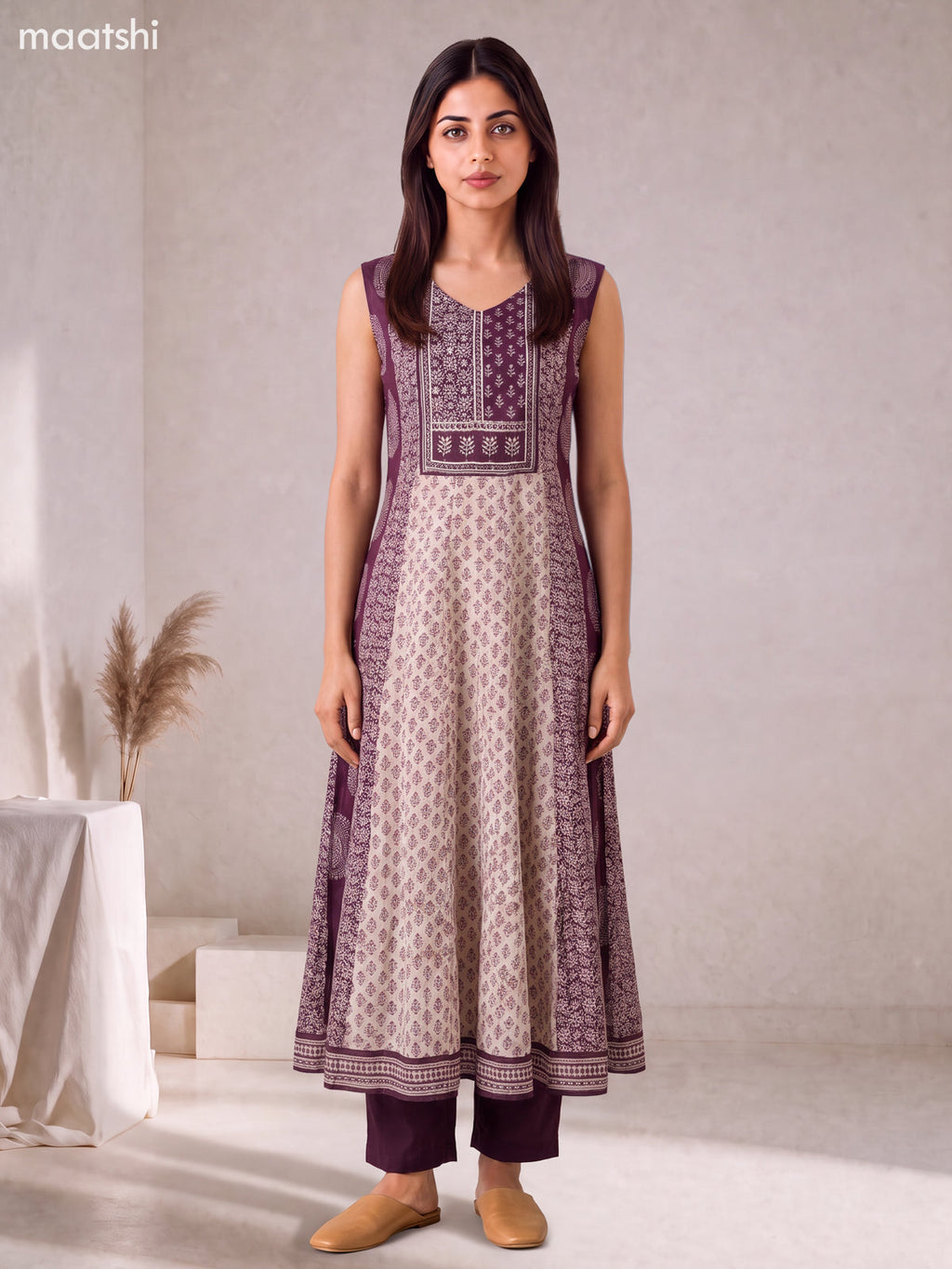 Deep Purple and Biege Crepe Silk Printed & Embroidery Work Anarkali Suit