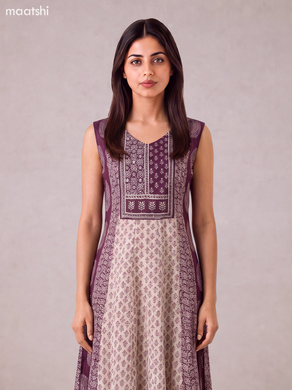 Deep Purple and Biege Crepe Silk Printed & Embroidery Work Anarkali Suit