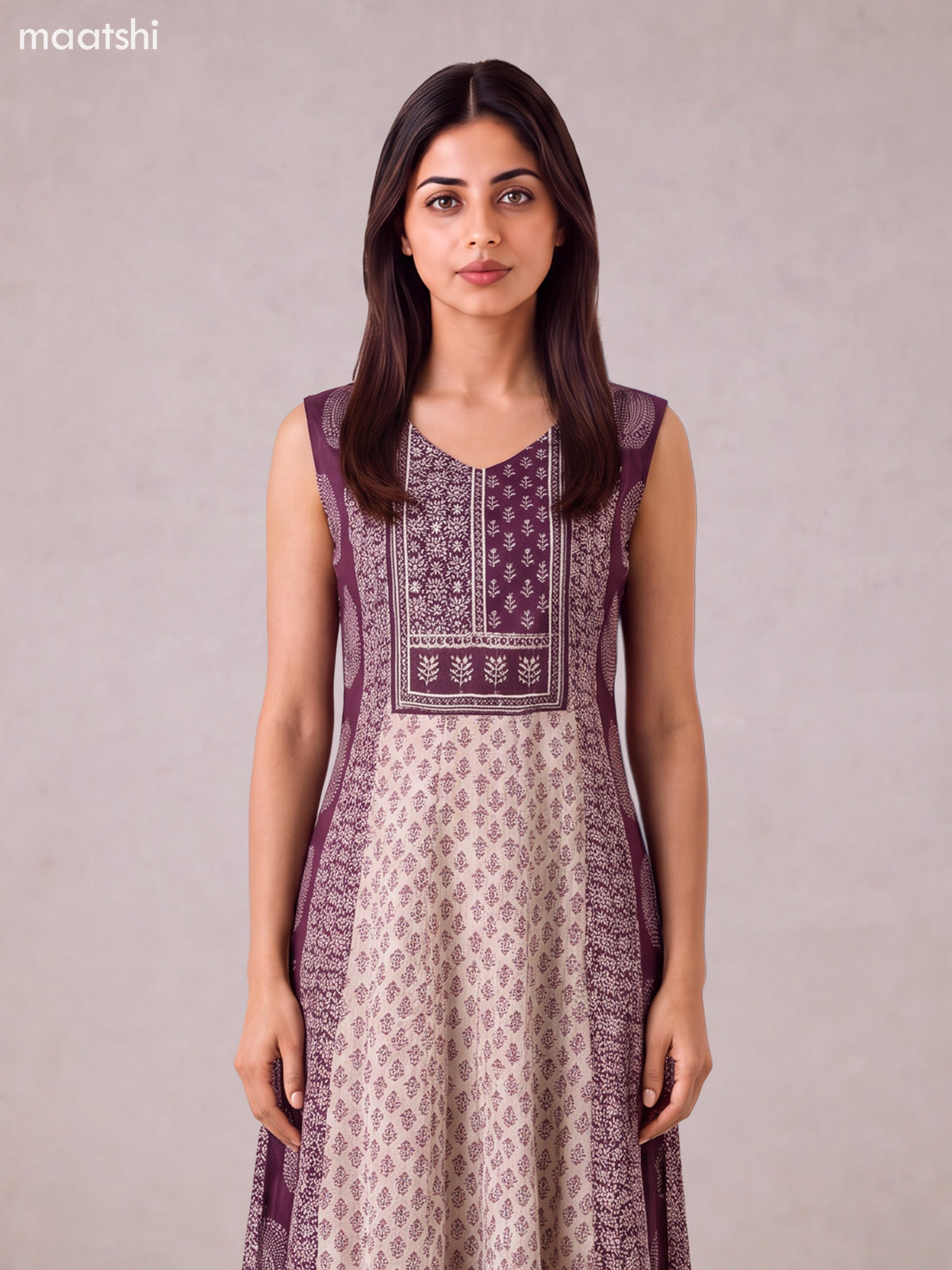 Deep Purple and Biege Crepe Silk Printed & Embroidery Work Anarkali Suit