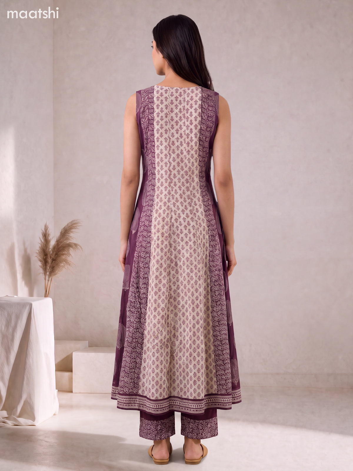 Deep Purple and Biege Crepe Silk Printed & Embroidery Work Anarkali Suit