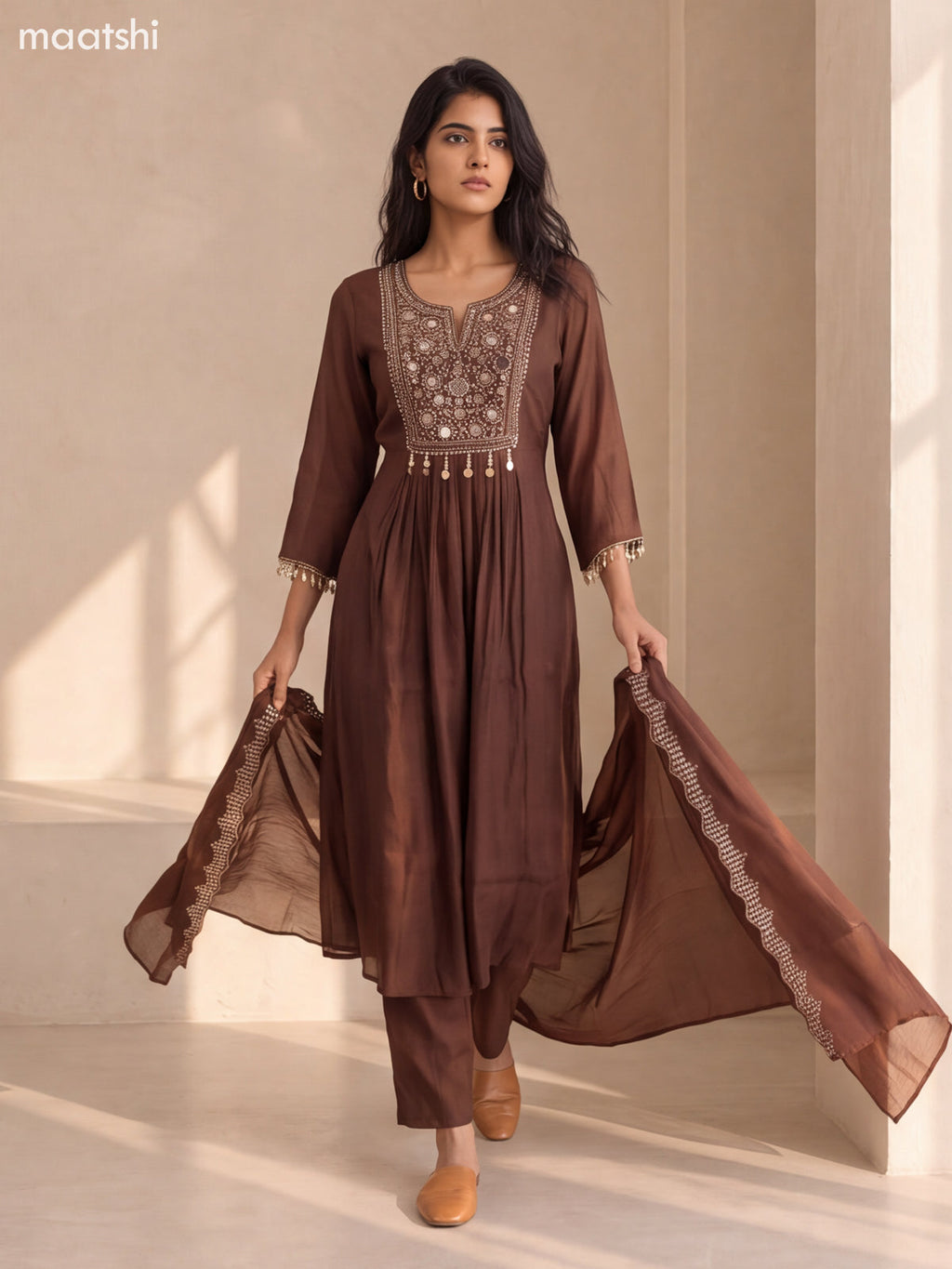 Brown Mul Chanderi Embroidery Work Anarkali Suit