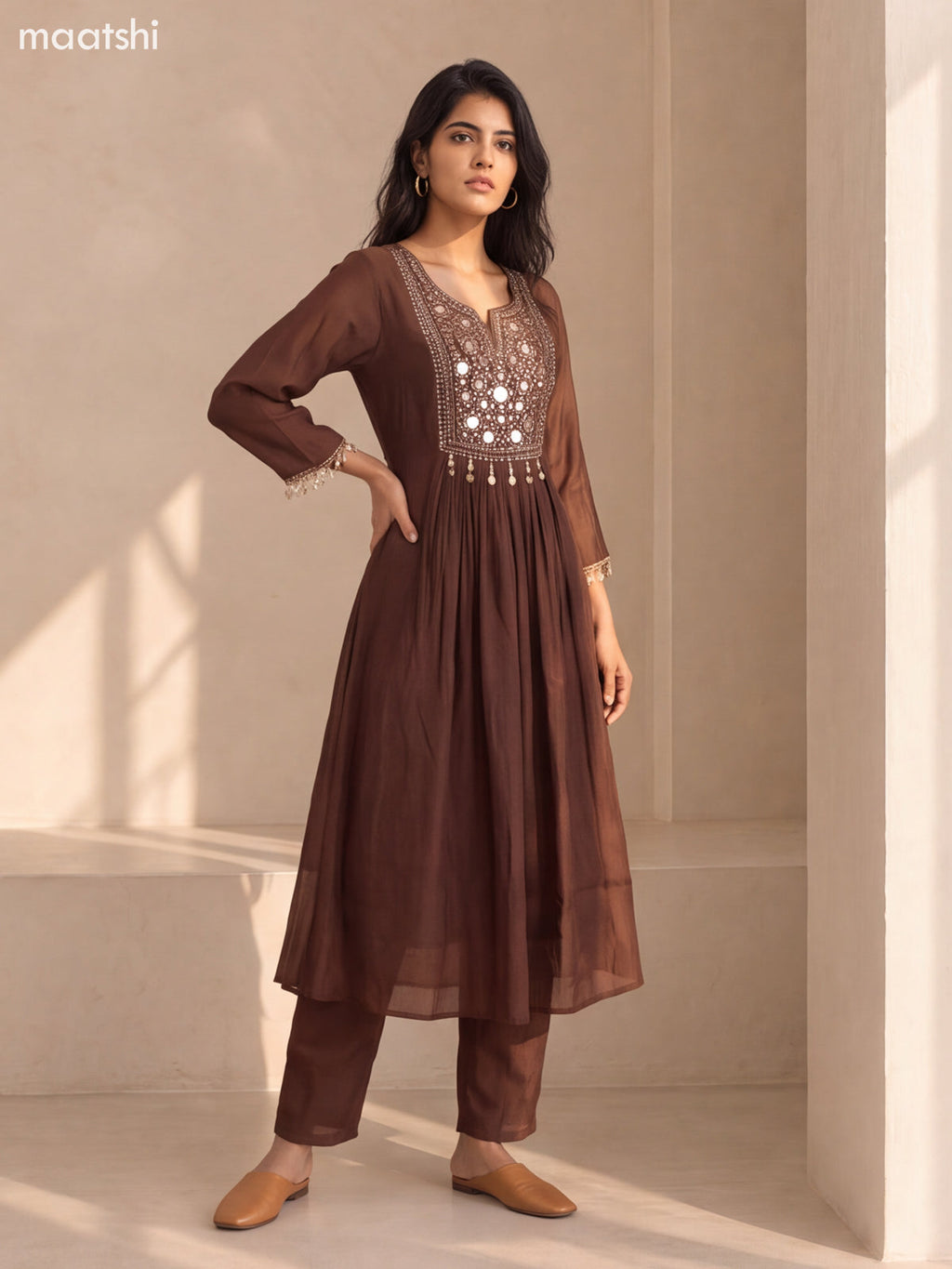 Brown Mul Chanderi Embroidery Work Anarkali Suit