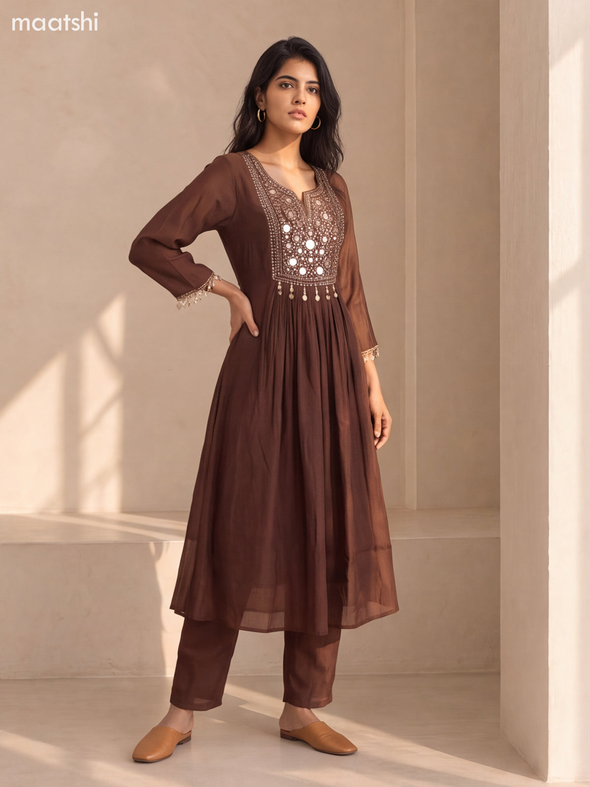 Brown Mul Chanderi Embroidery Work Anarkali Suit