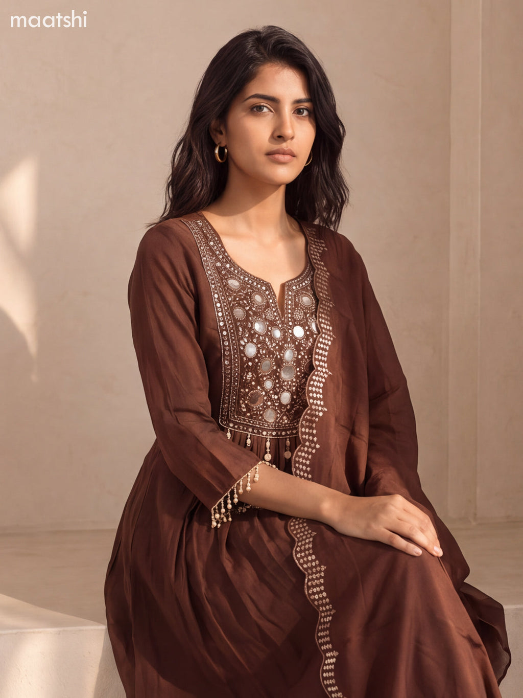 Brown Mul Chanderi Embroidery Work Anarkali Suit