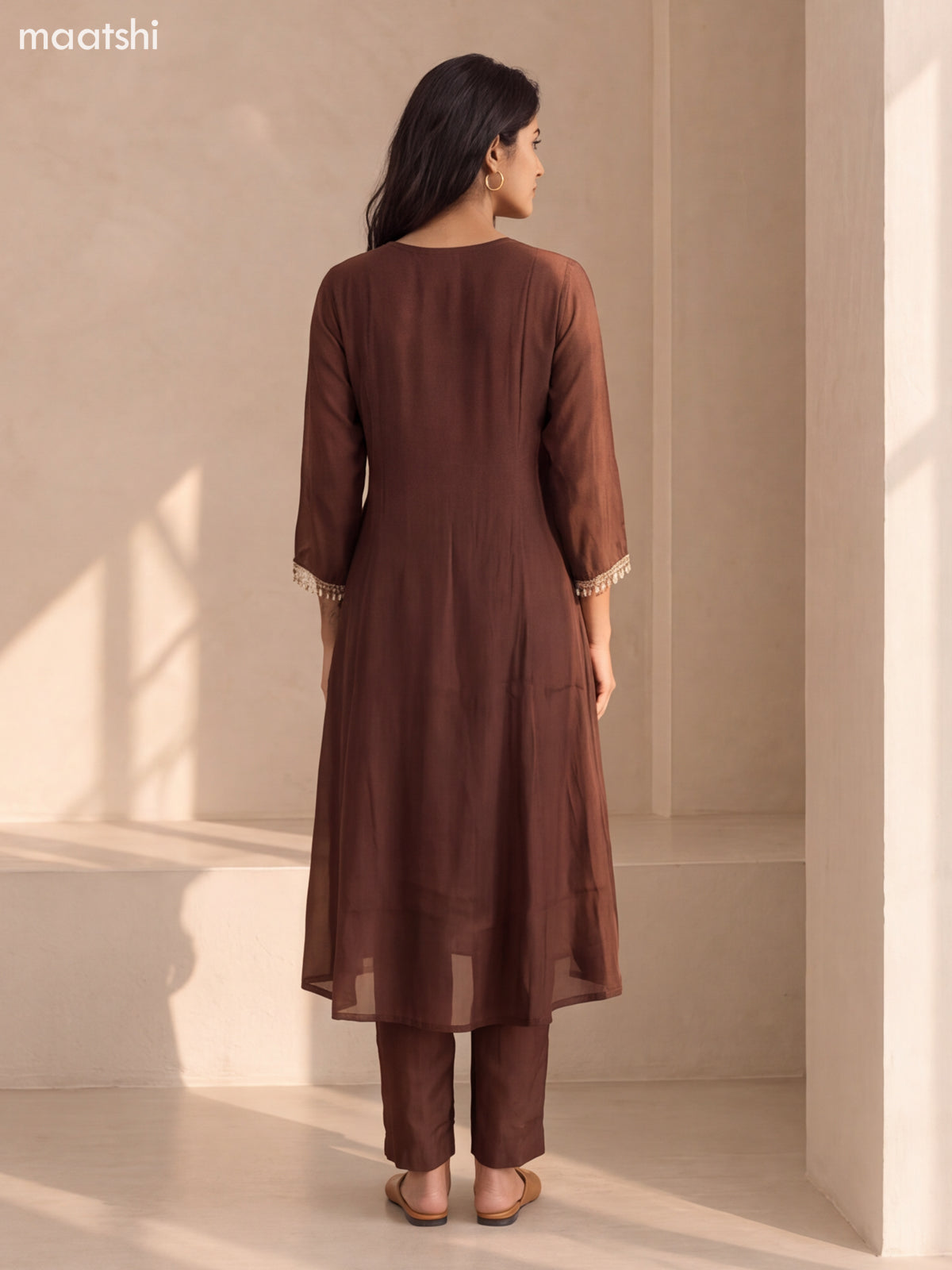 Brown Mul Chanderi Embroidery Work Anarkali Suit