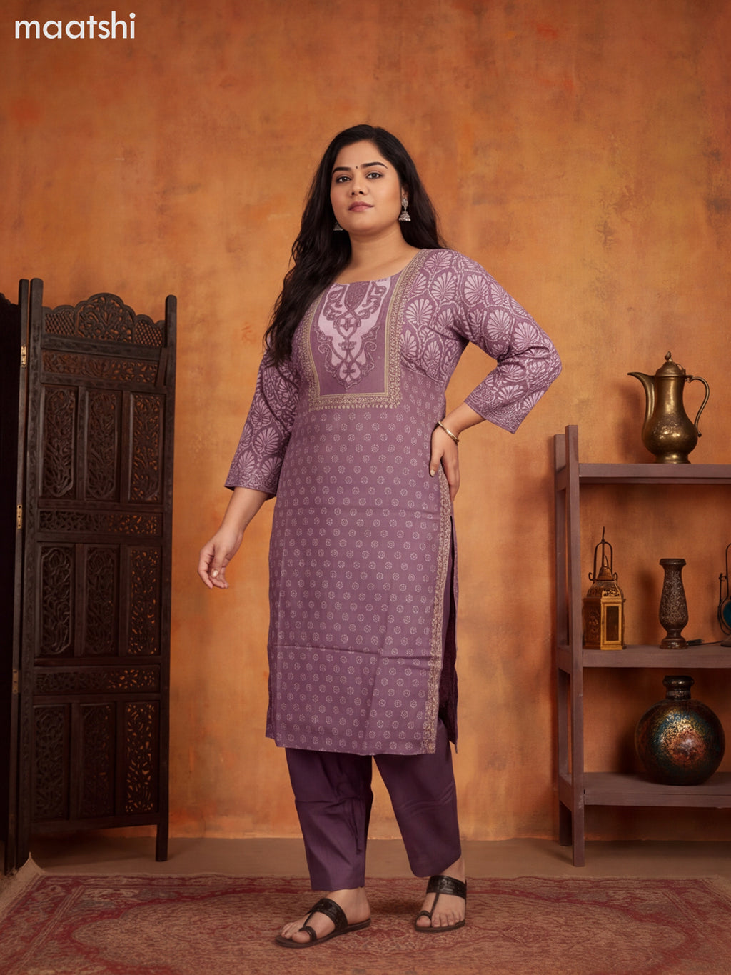 Rosy Brown Crepe Silk Printed & Embroidery Work Straight Suit