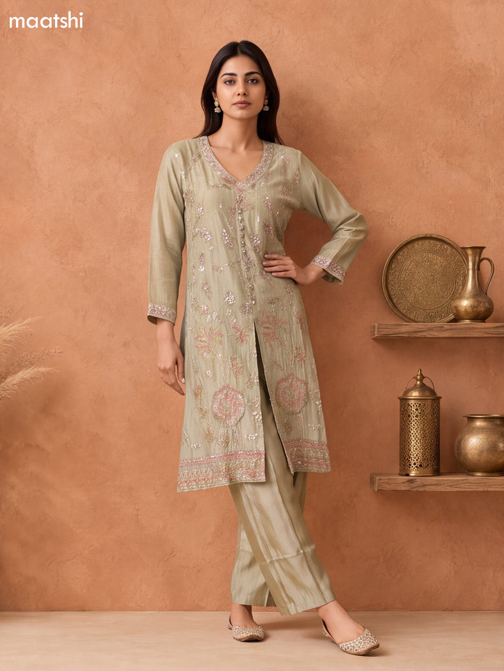 Pastel Green Tissue Embroidery Work Anarkali Suit