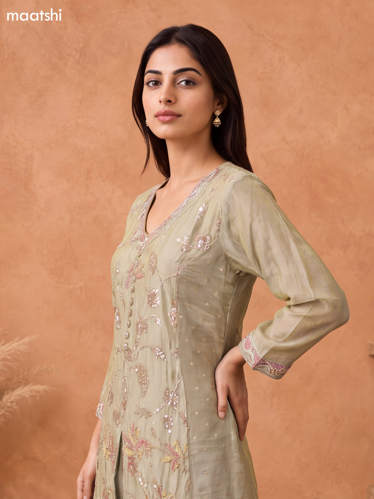 Pastel Green Tissue Embroidery Work Anarkali Suit