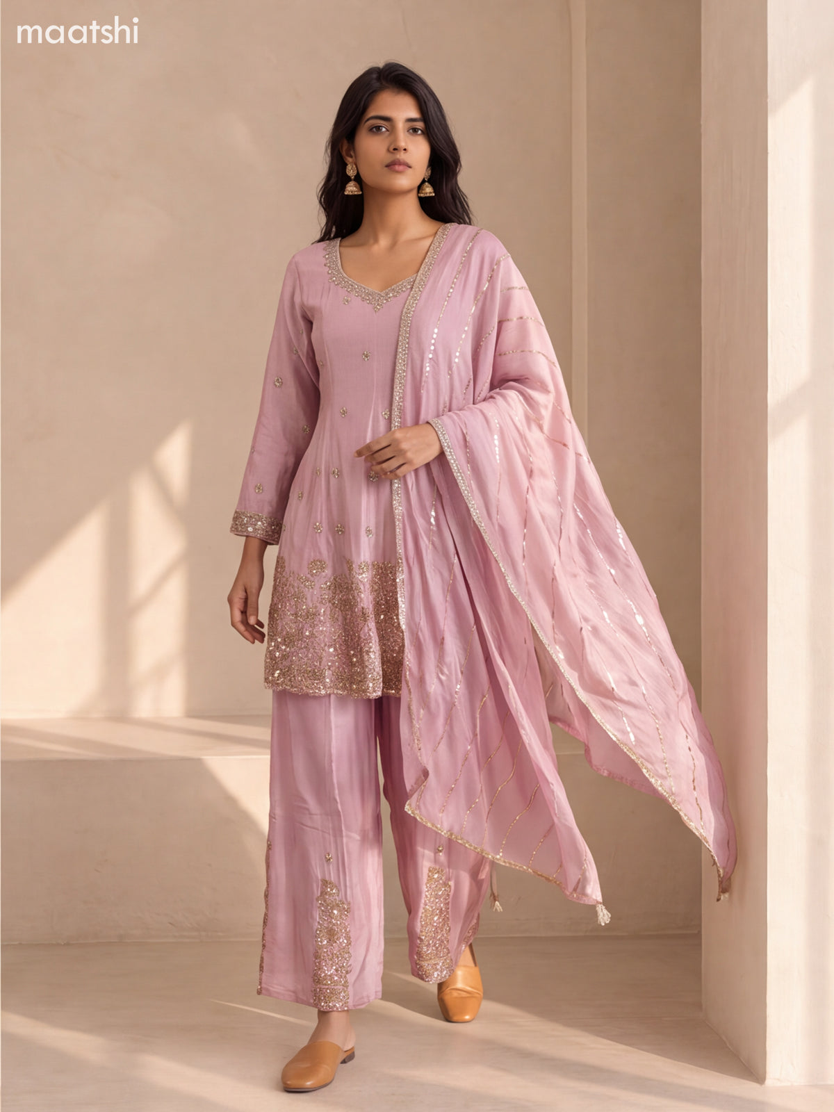 Pastel Pink Tissue Embroidery Work Anarkali Suit