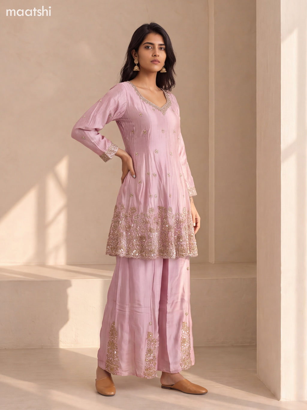 Pastel Pink Tissue Embroidery Work Anarkali Suit