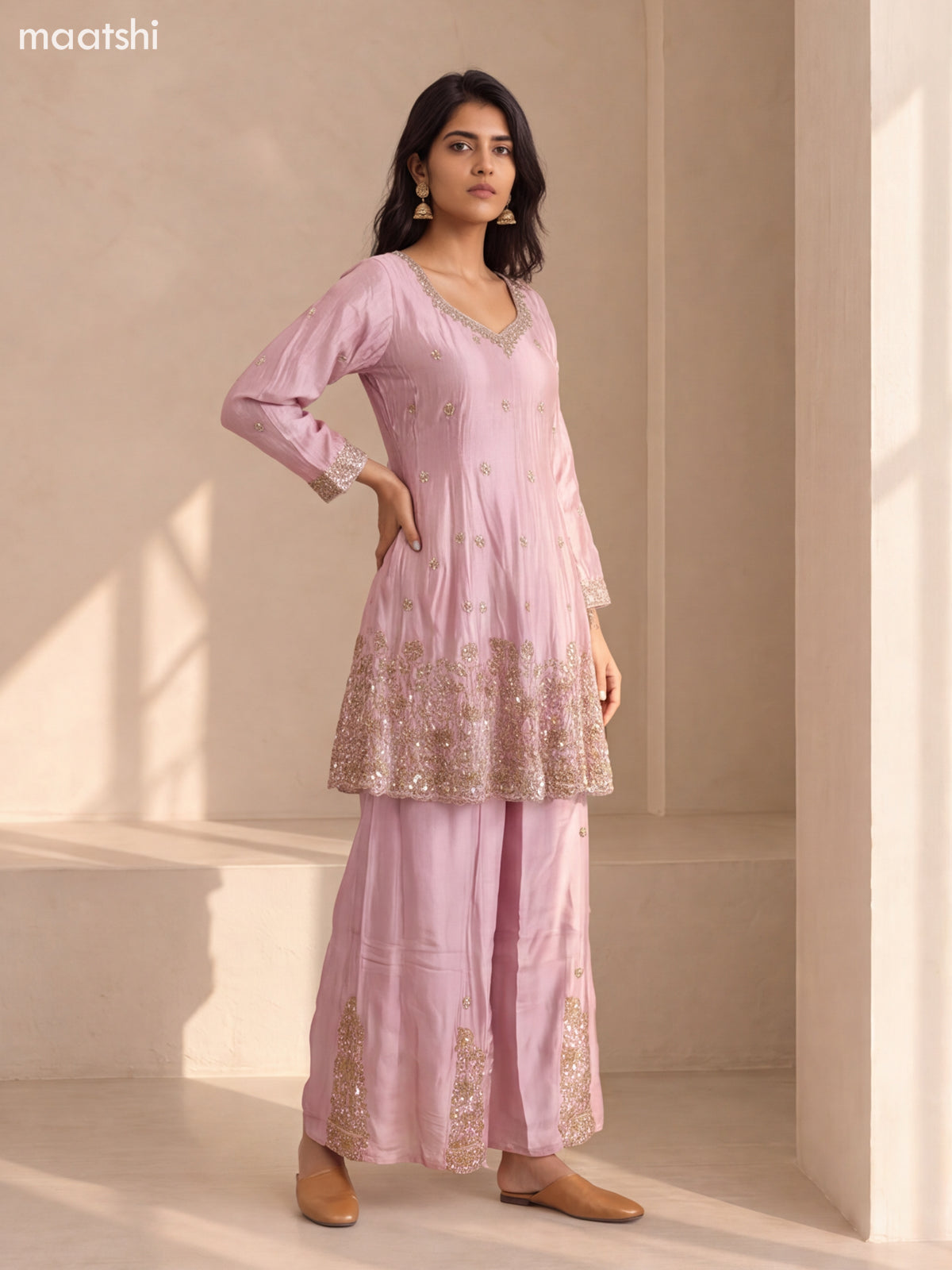 Pastel Pink Tissue Embroidery Work Anarkali Suit