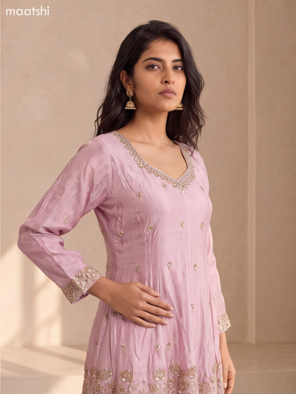 Pastel Pink Tissue Embroidery Work Anarkali Suit