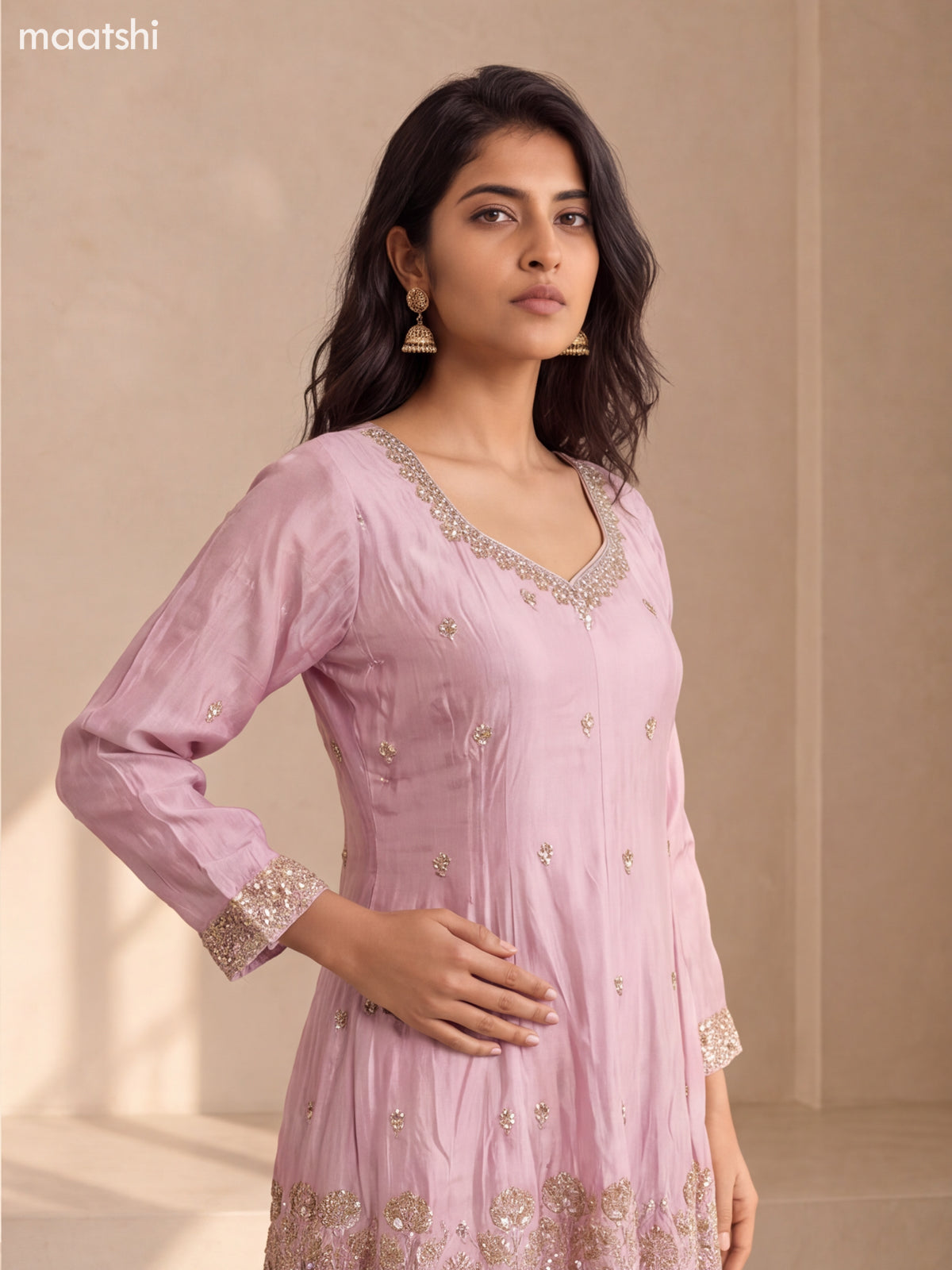 Pastel Pink Tissue Embroidery Work Anarkali Suit