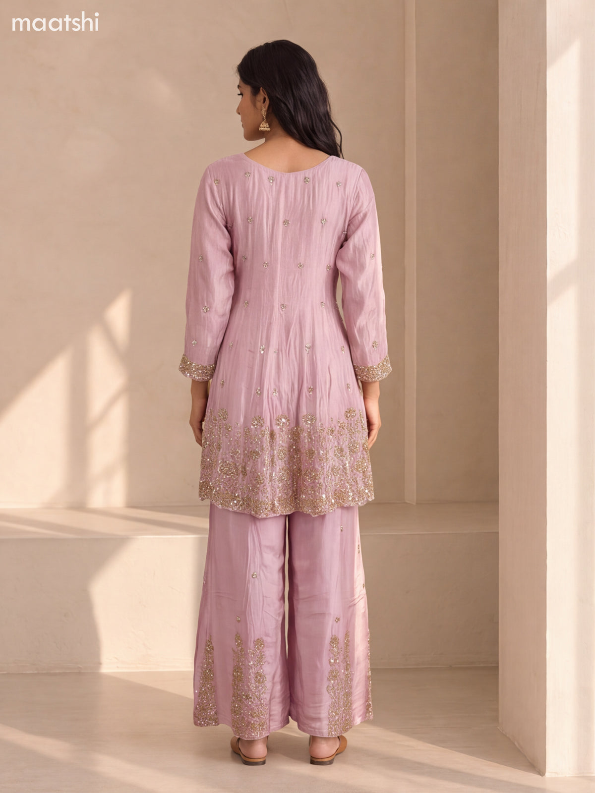 Pastel Pink Tissue Embroidery Work Anarkali Suit