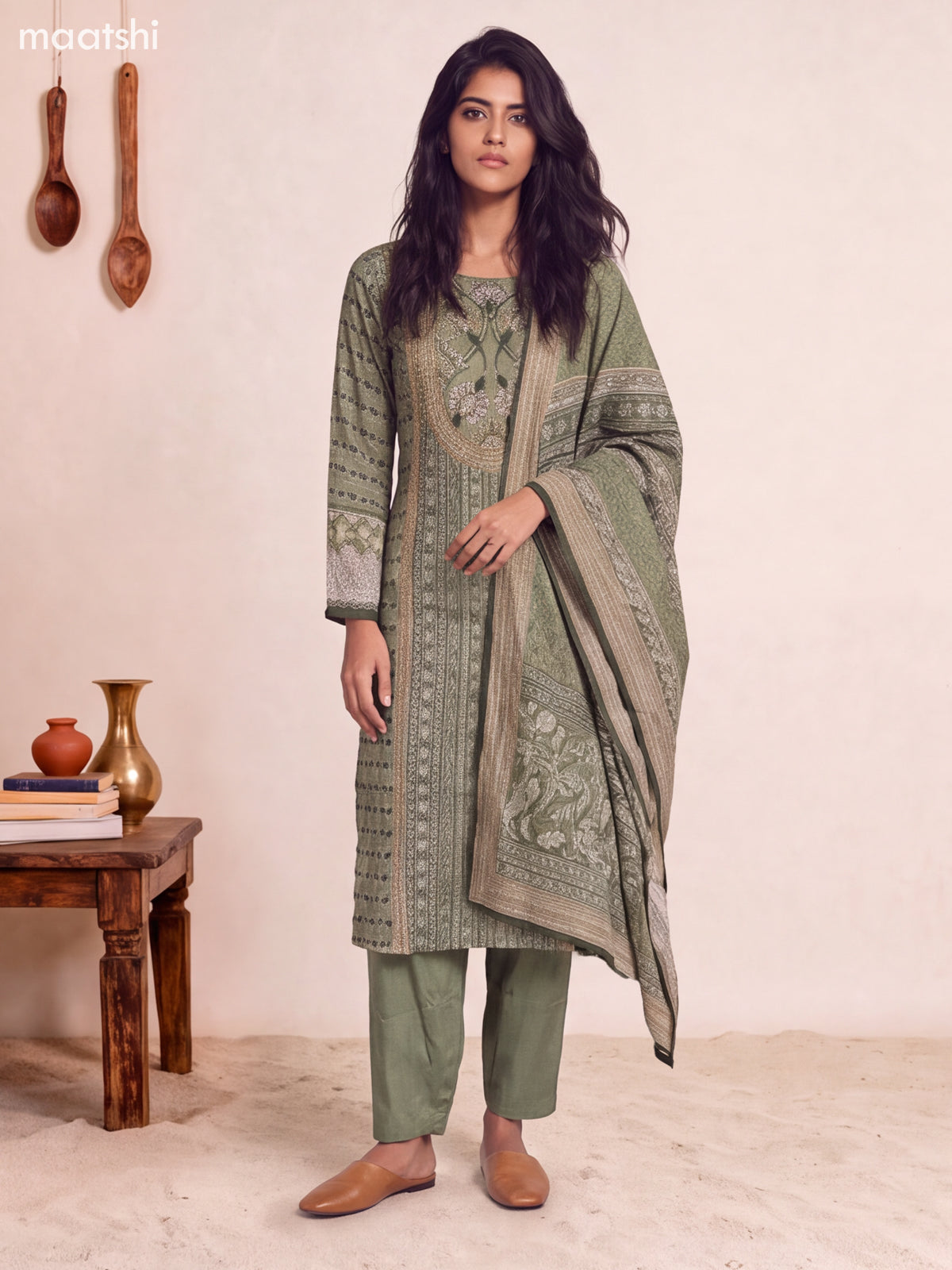 Pastel Green Crepe Silk Floral Printed & Embroidery Work Straight Suit