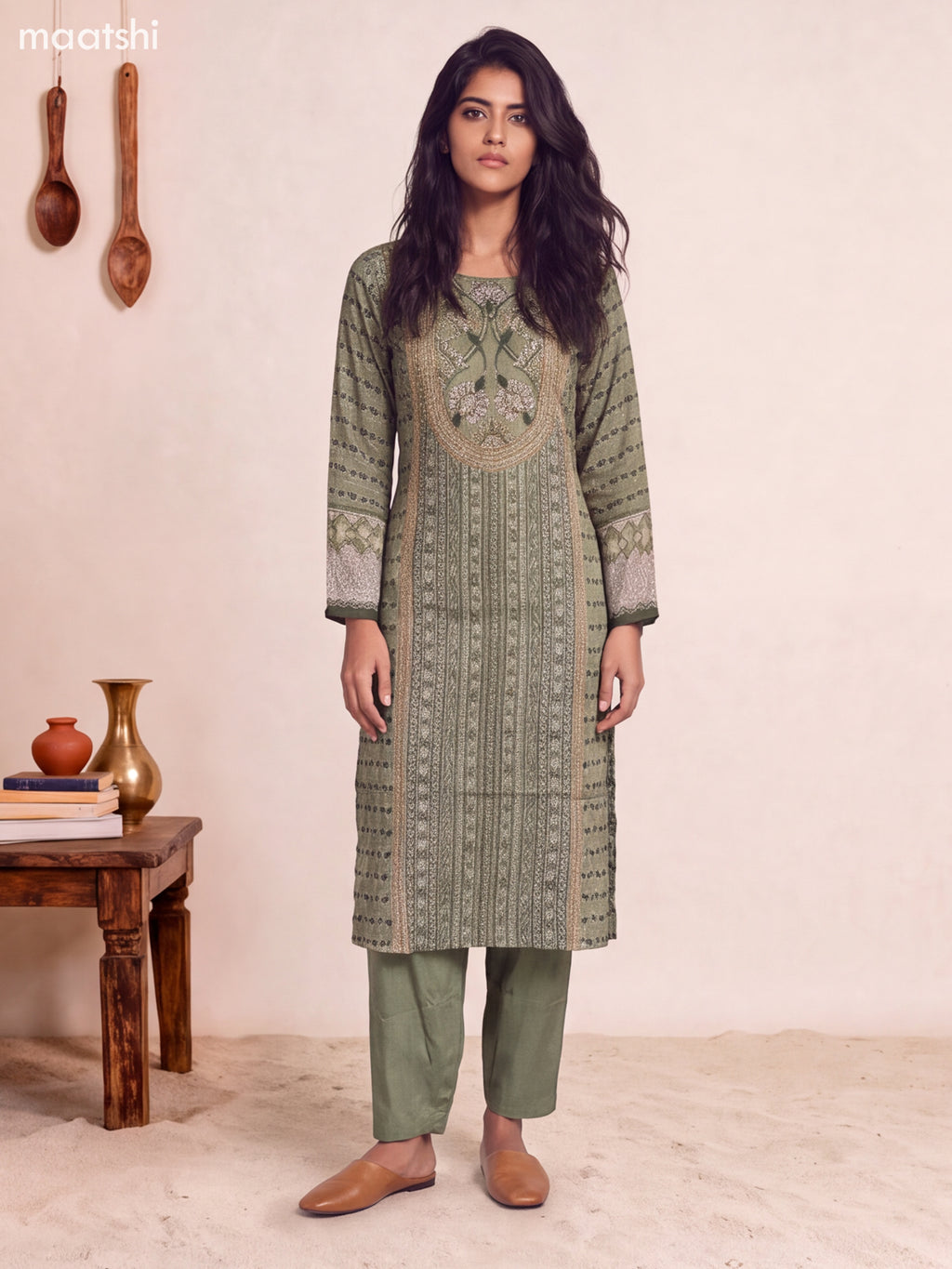 Pastel Green Crepe Silk Floral Printed & Embroidery Work Straight Suit