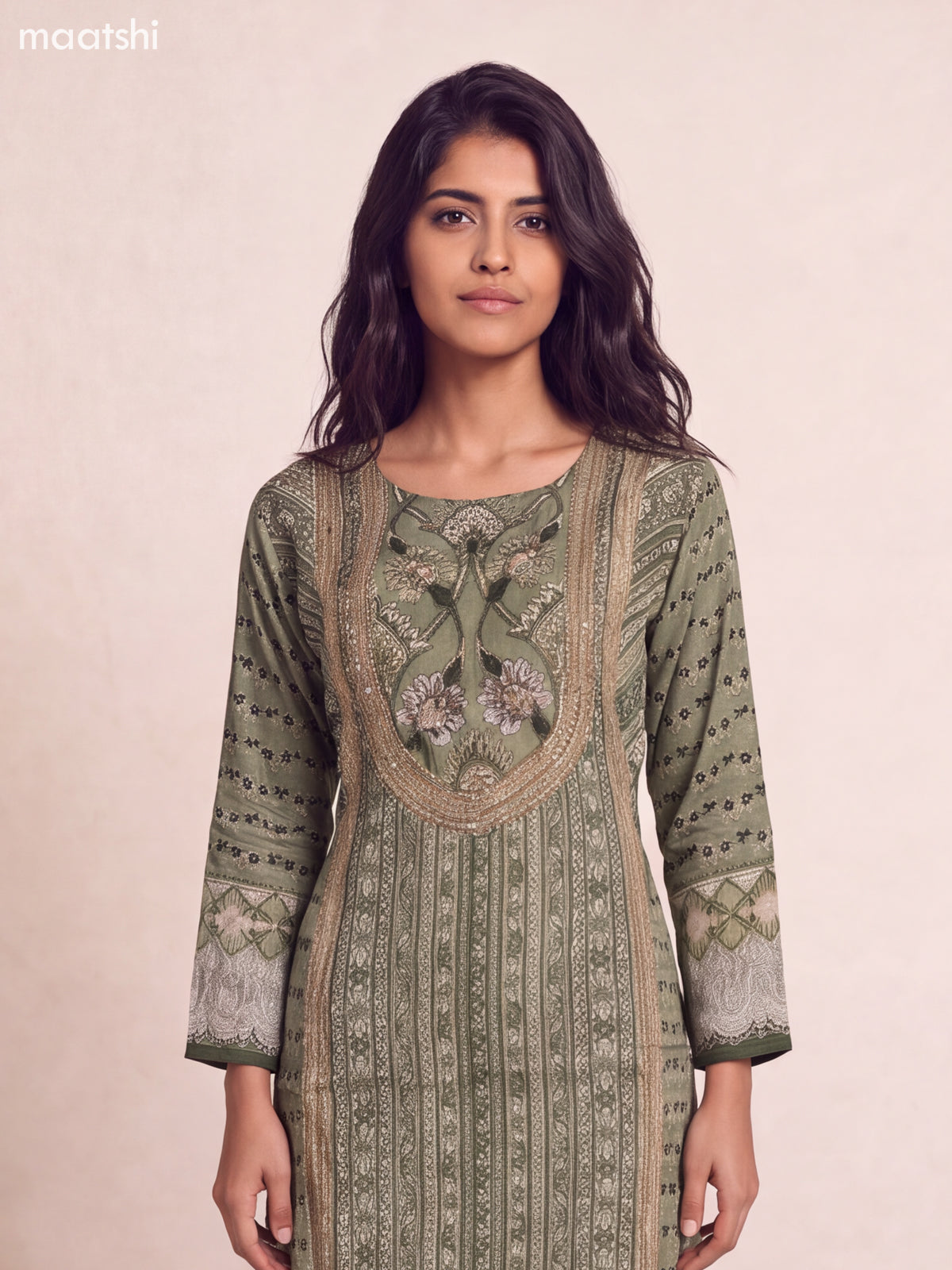 Pastel Green Crepe Silk Floral Printed & Embroidery Work Straight Suit
