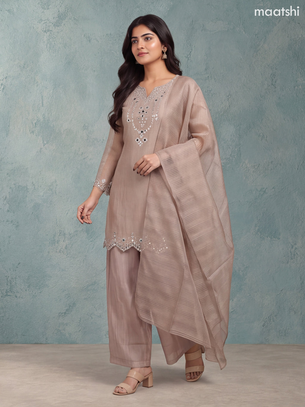 Biege and Gold Tissue Mirror Embroidery Work Straight Suit