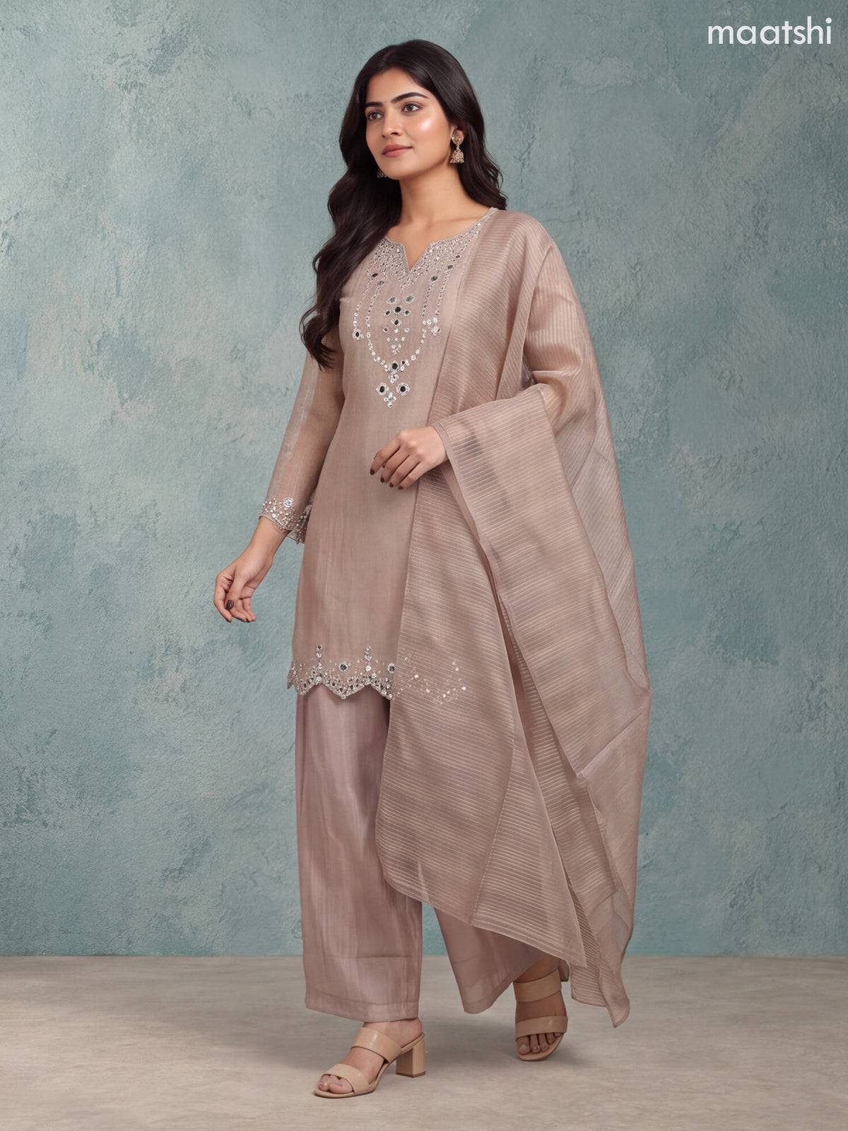 Biege and Gold Tissue Mirror Embroidery Work Straight Suit