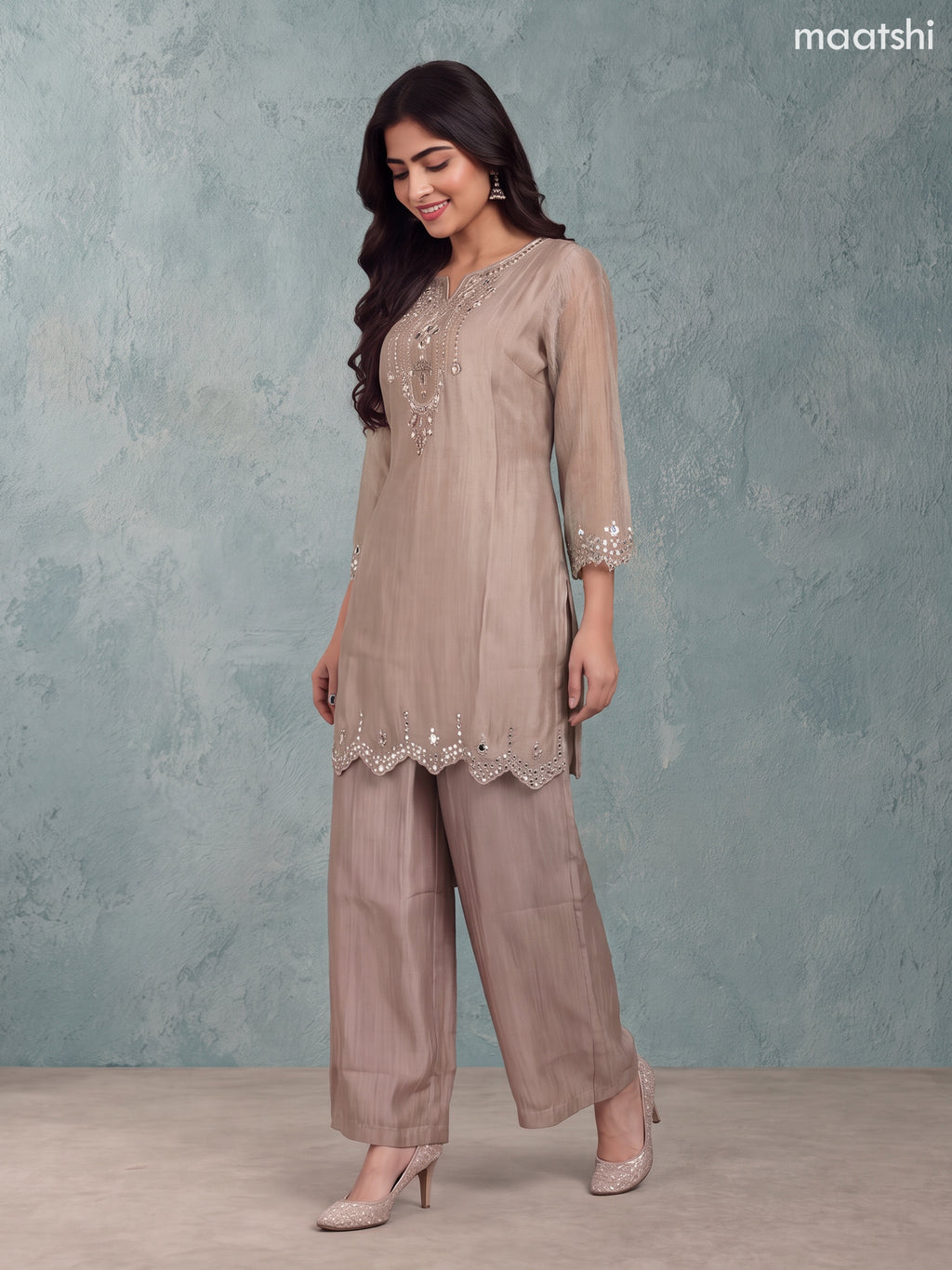 Biege and Gold Tissue Mirror Embroidery Work Straight Suit
