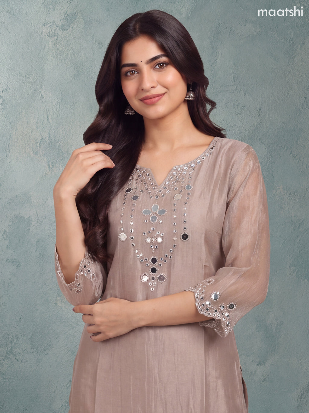 Biege and Gold Tissue Mirror Embroidery Work Straight Suit