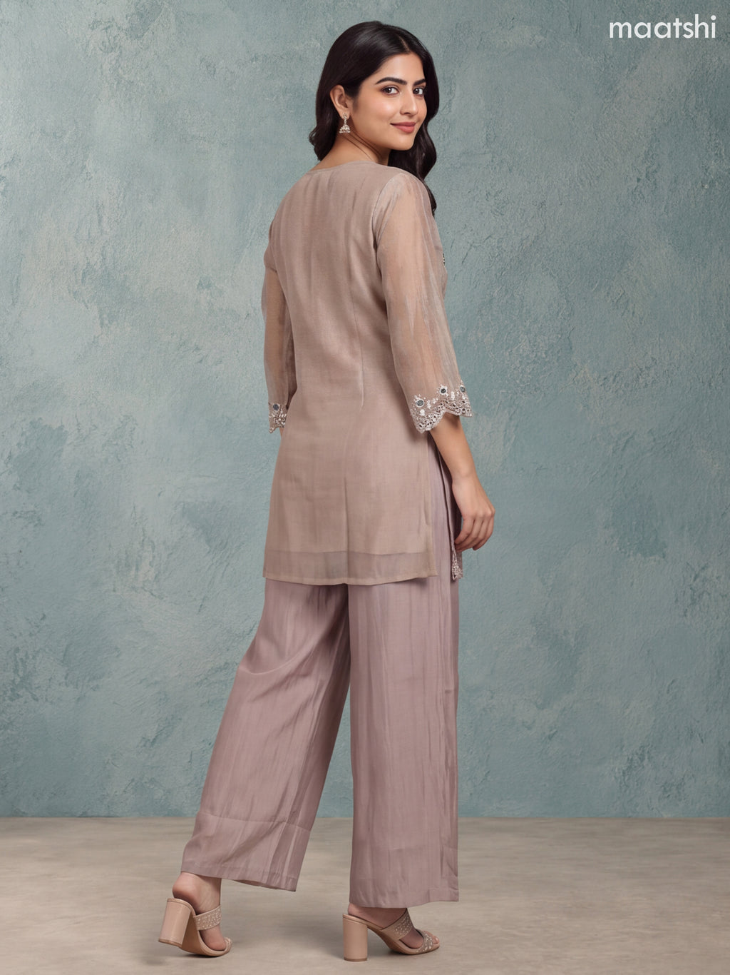 Biege and Gold Tissue Mirror Embroidery Work Straight Suit