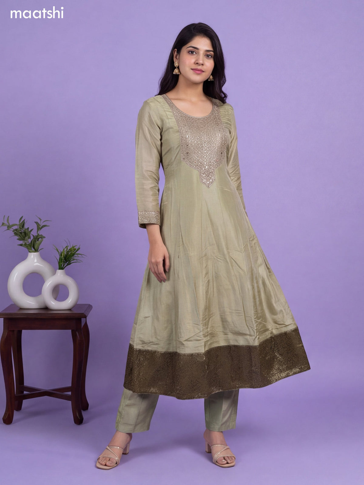 Mild Green and Dark Mehendi Green Tissue Heavy Embroidery Work Anarkali Suit