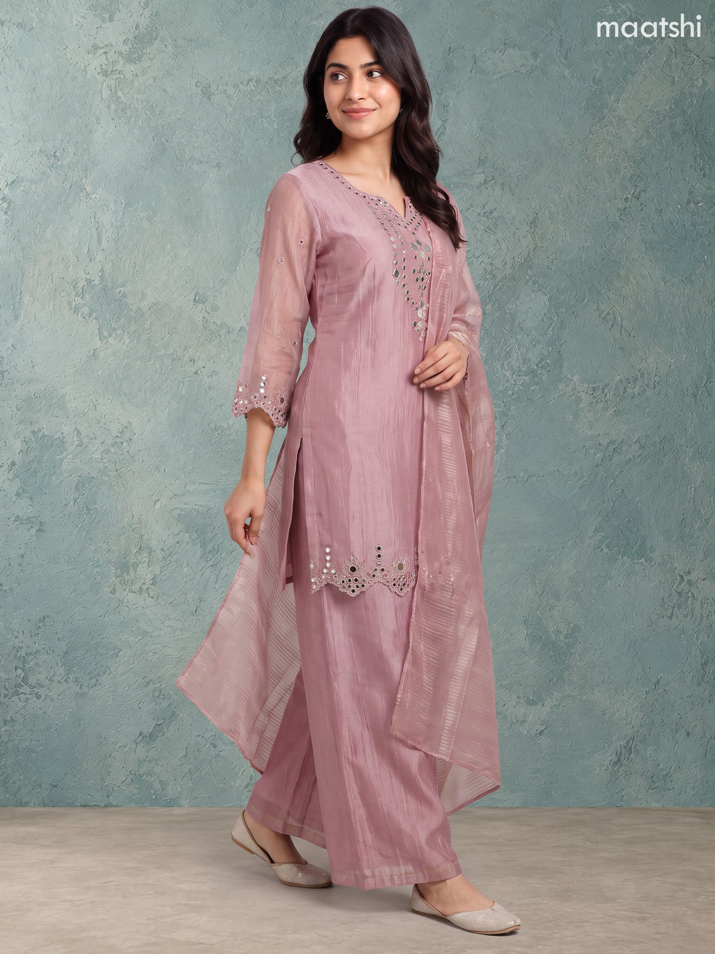 Mauve Pink Tissue Mirror Embroidery Work Straight Suit