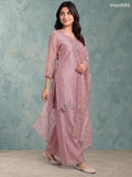 Mauve Pink Tissue Mirror Embroidery Work Straight Suit