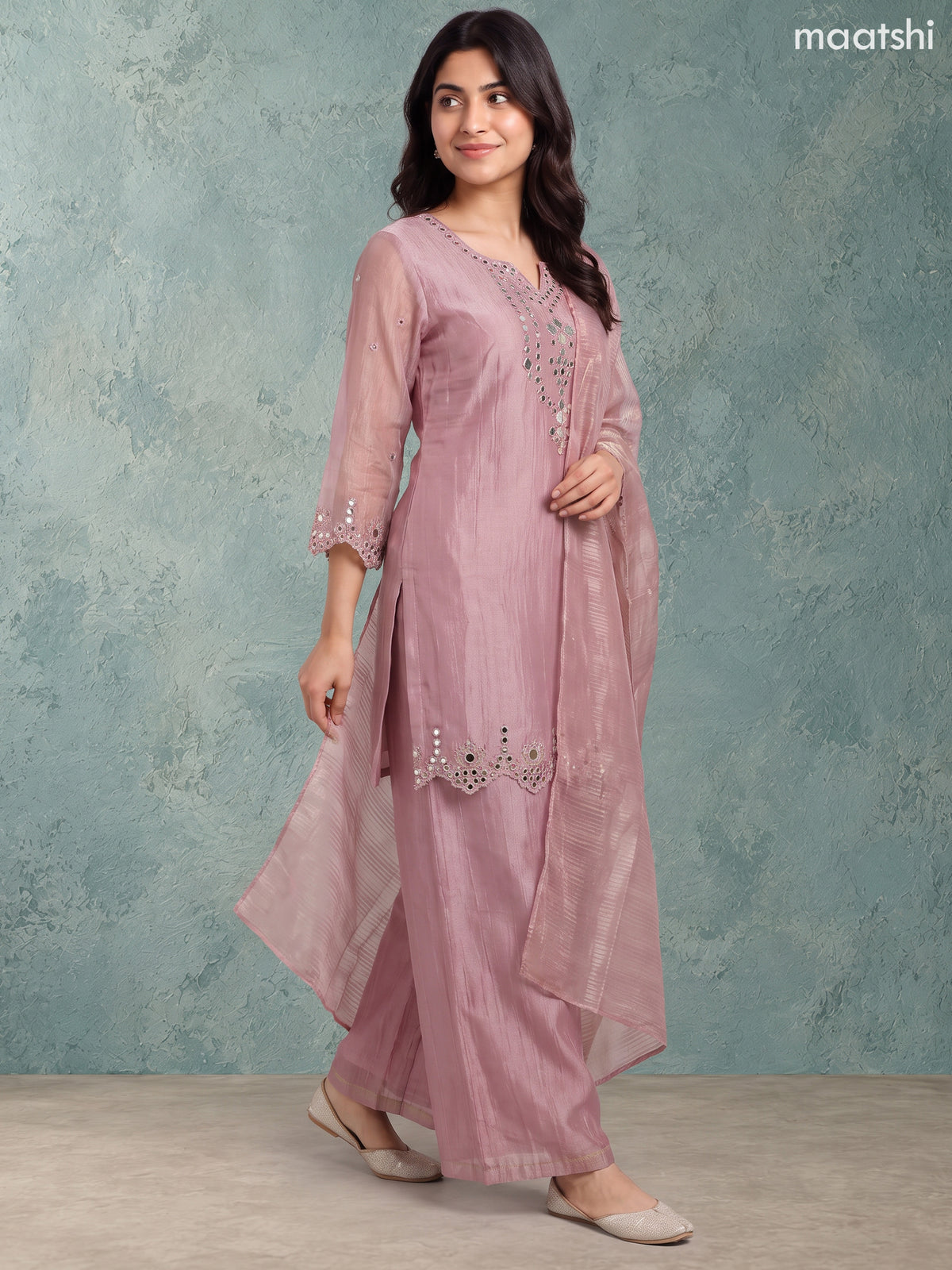 Mauve Pink Tissue Mirror Embroidery Work Straight Suit