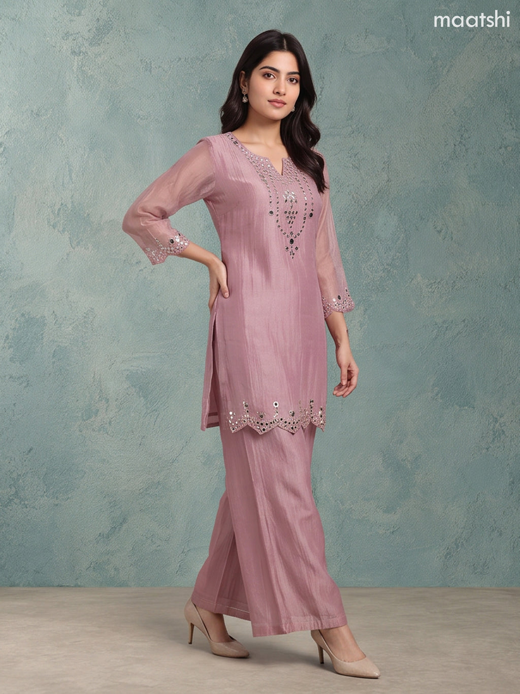 Mauve Pink Tissue Mirror Embroidery Work Straight Suit