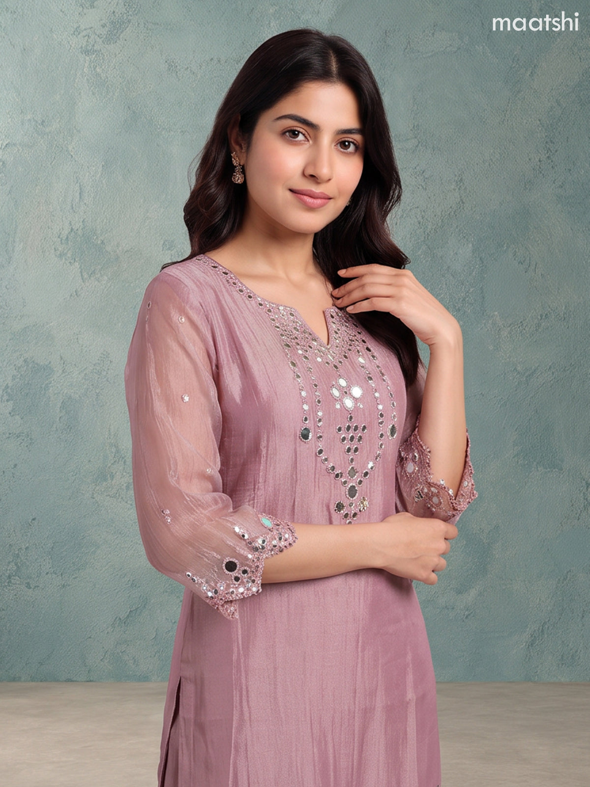 Mauve Pink Tissue Mirror Embroidery Work Straight Suit