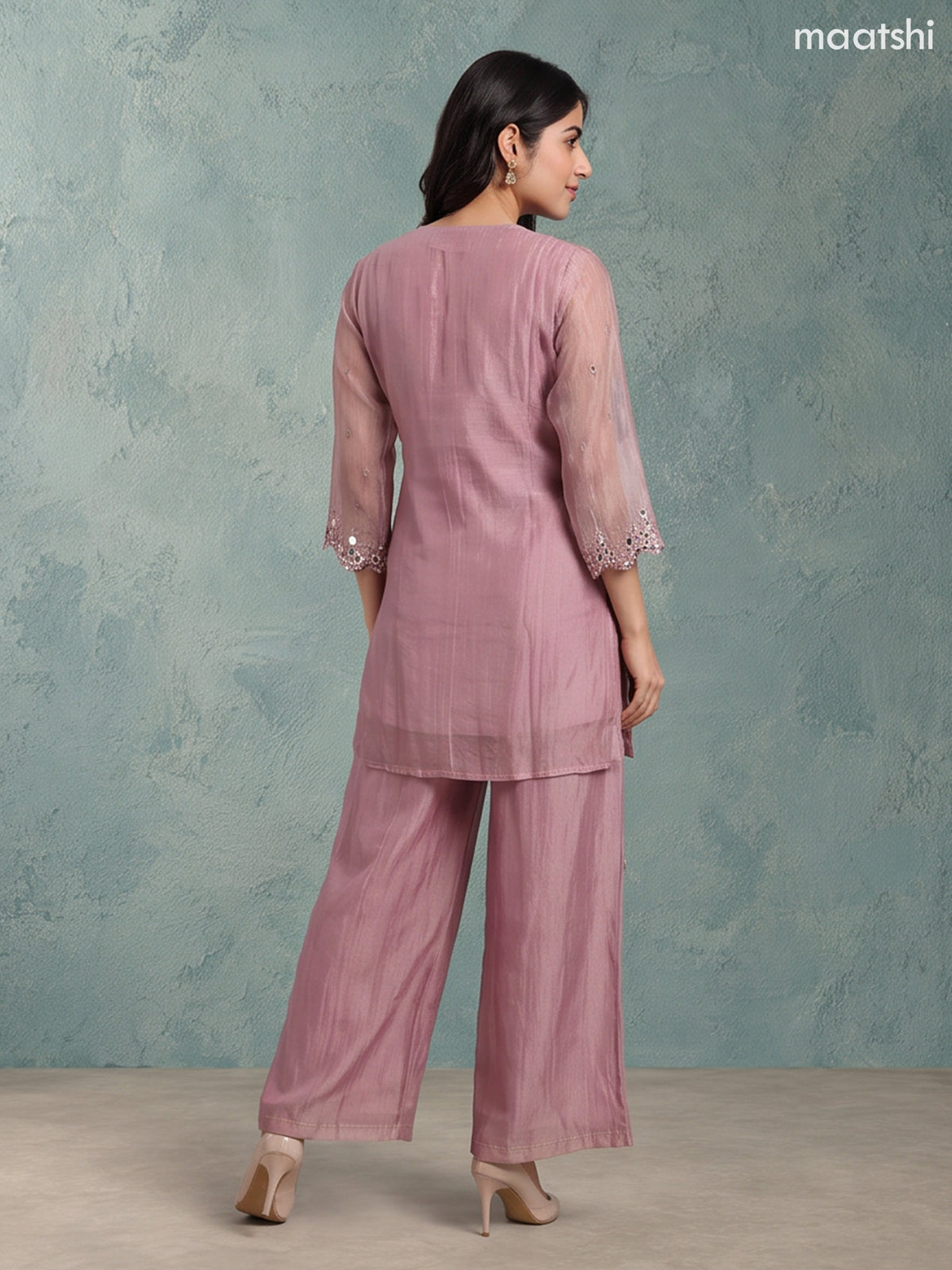Mauve Pink Tissue Mirror Embroidery Work Straight Suit