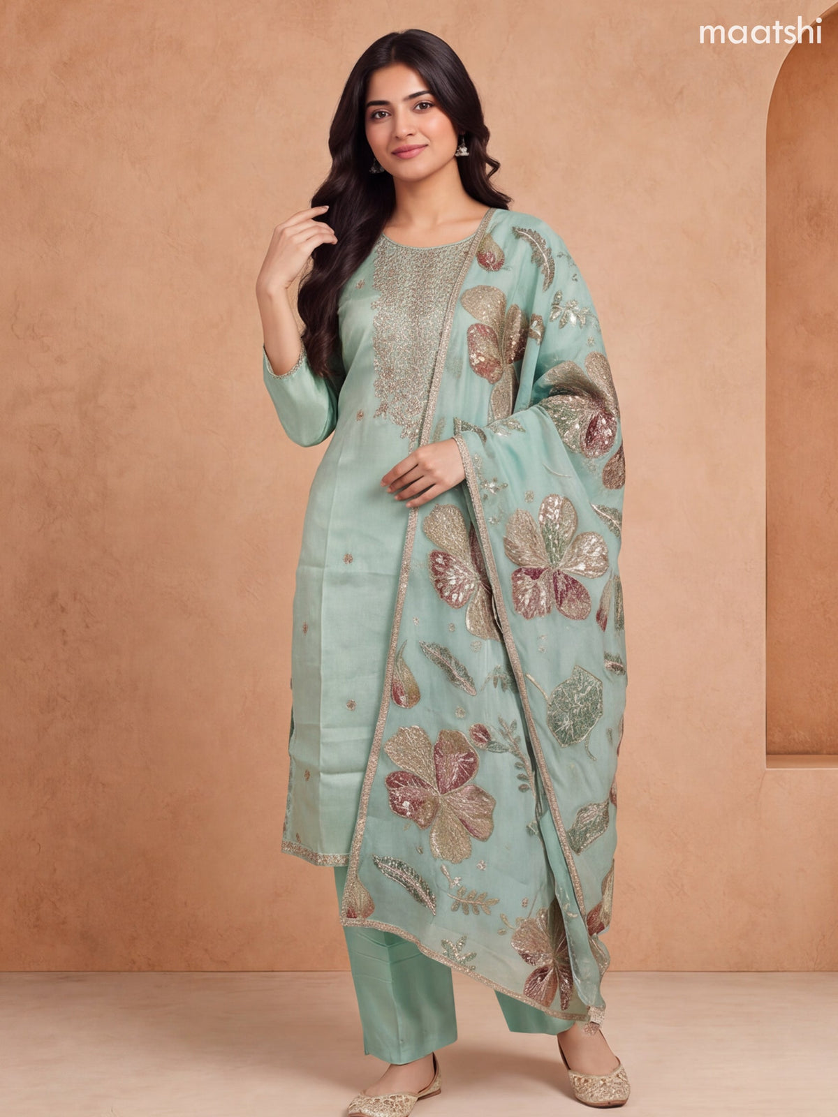 Pastel Green Tissue Heavy Embroidery Work Straight Suit