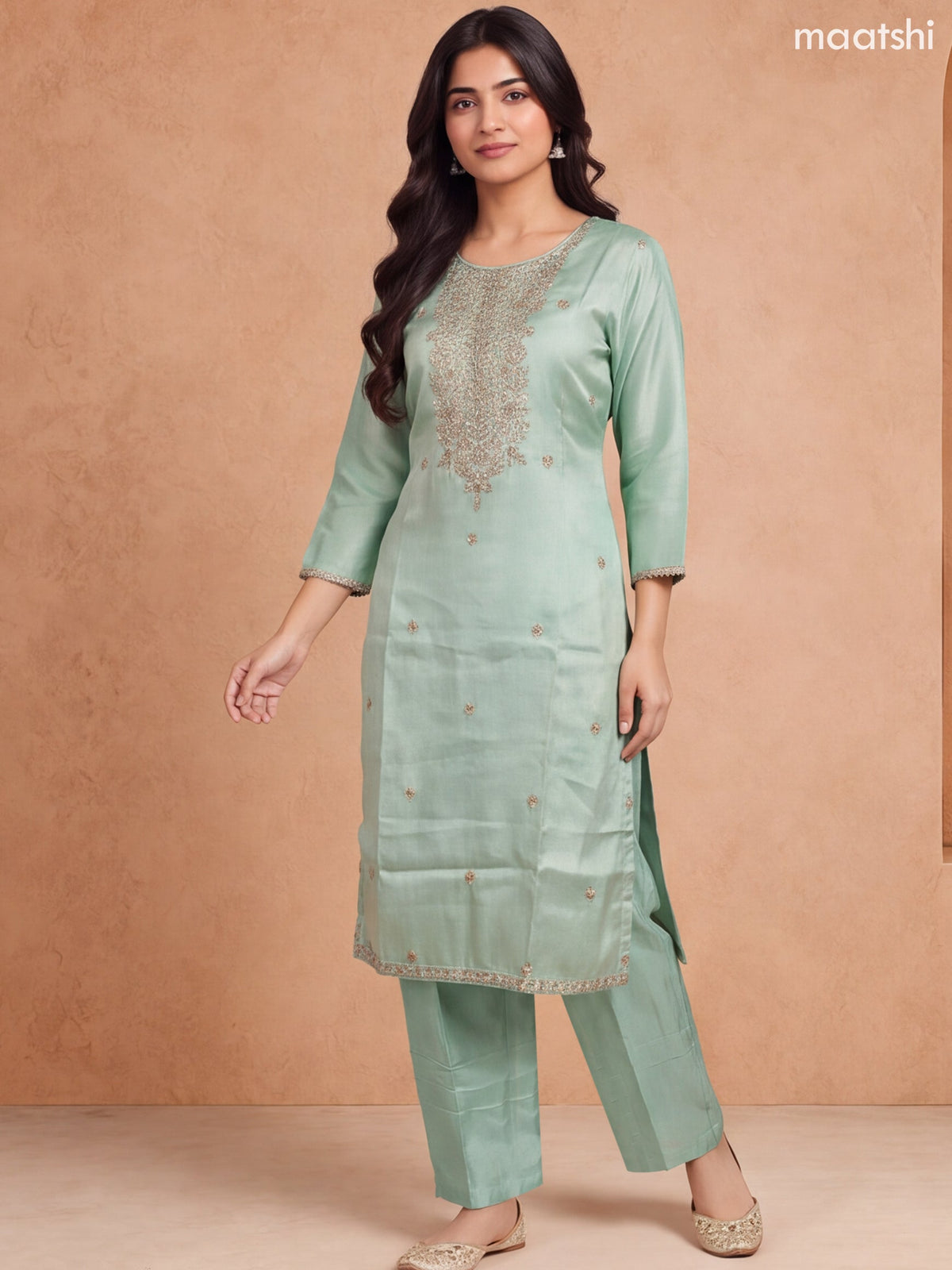 Pastel Green Tissue Heavy Embroidery Work Straight Suit