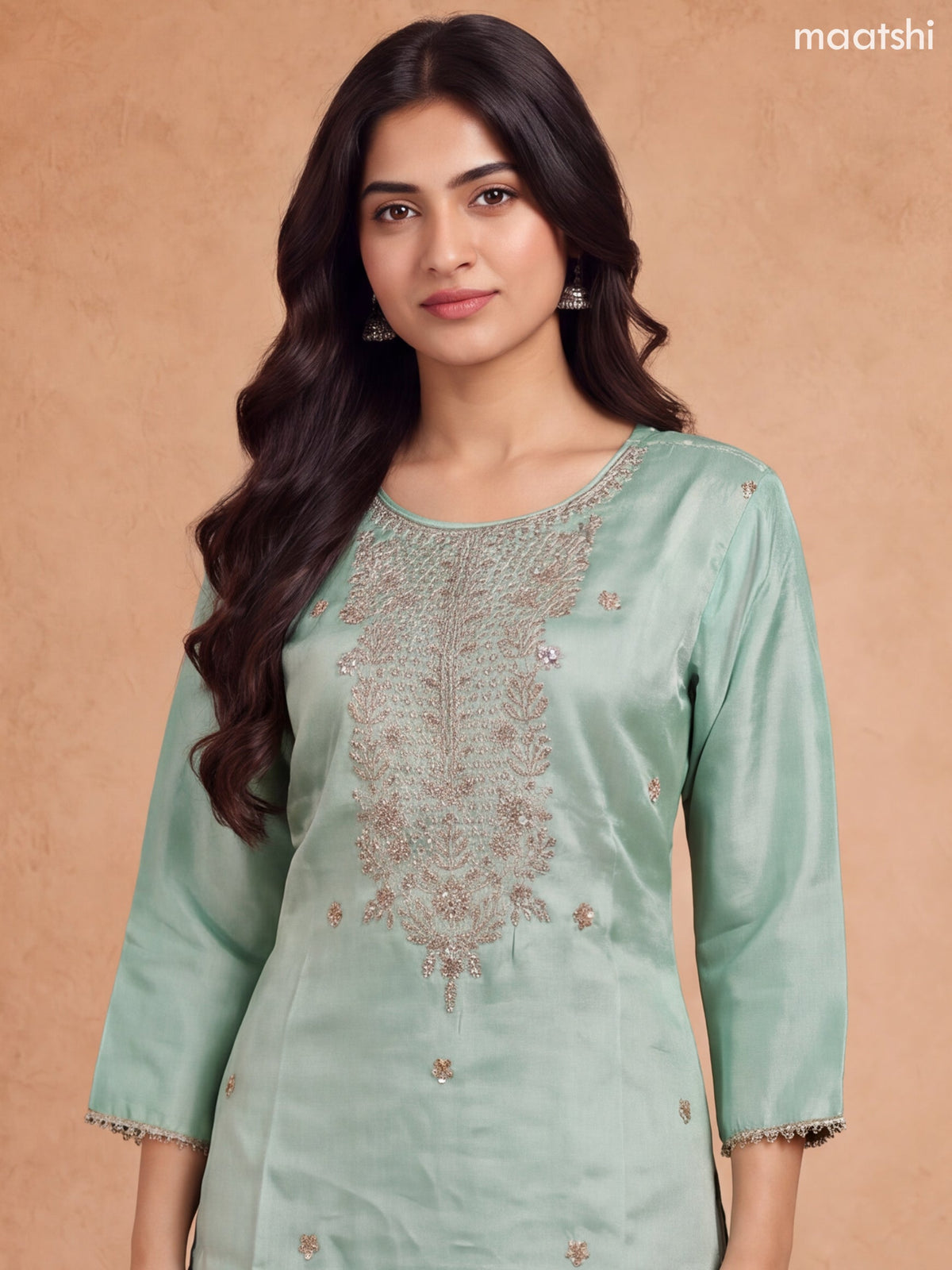 Pastel Green Tissue Heavy Embroidery Work Straight Suit