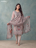 Cream and Teal Green Crepe Silk Floral Printed & Embroidery Work Straight Suit