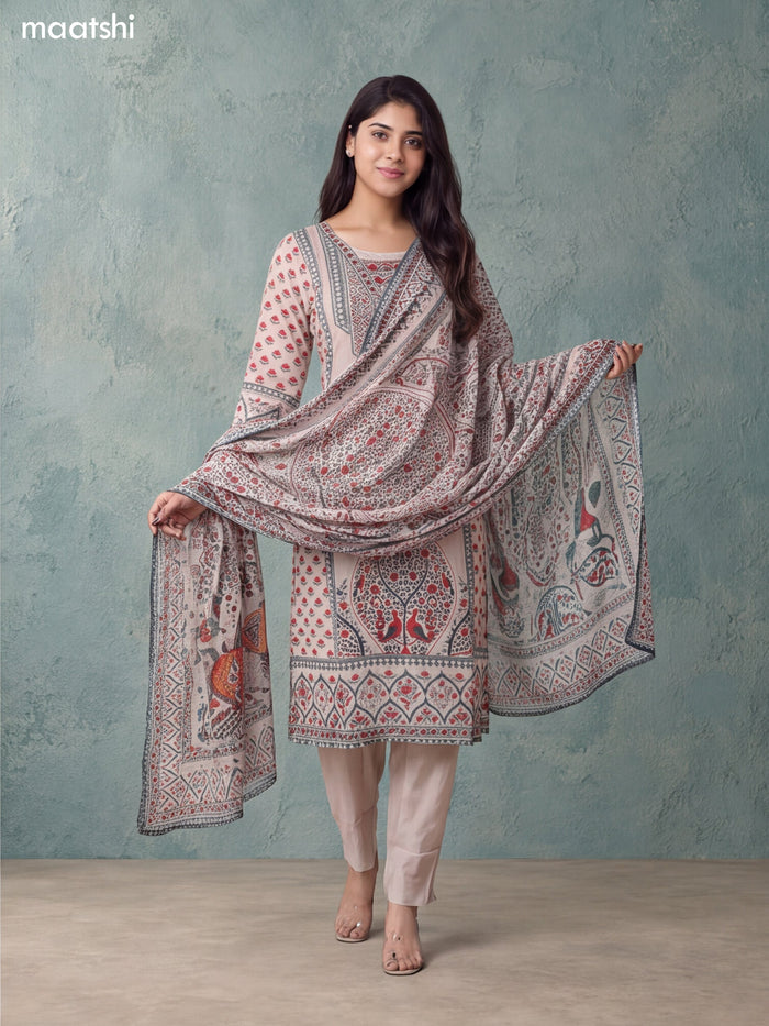 Cream and Teal Green Crepe Silk Floral Printed & Embroidery Work Straight Suit