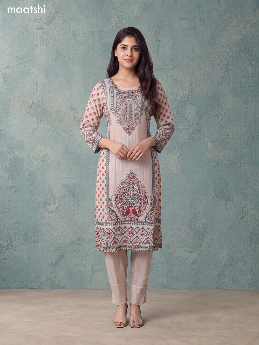 Cream and Teal Green Crepe Silk Floral Printed & Embroidery Work Straight Suit